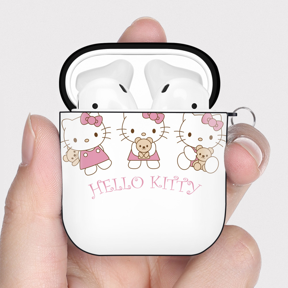 （画像用） Hello Kitty ハローキティ AirPods 第2世代保護ケース ハードシェル ブラック 耐衝撃・防指紋・カラビナ付き