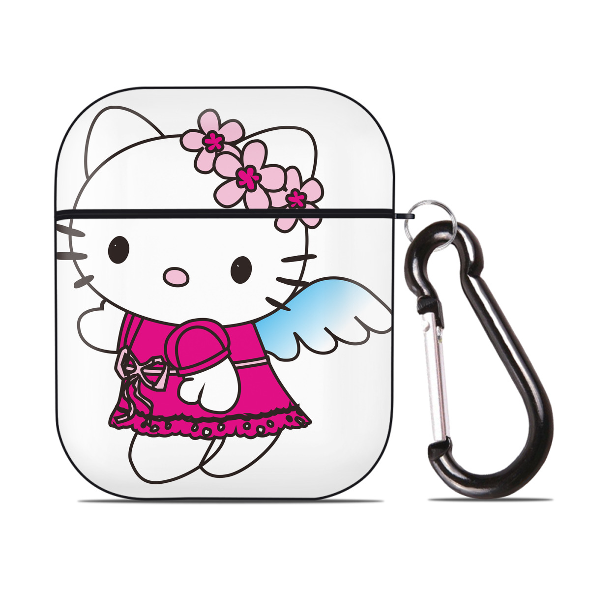 （画像用） Hello Kitty ハローキティ AirPods 第2世代保護ケース ハードシェル ブラック 耐衝撃・防指紋・カラビナ付き