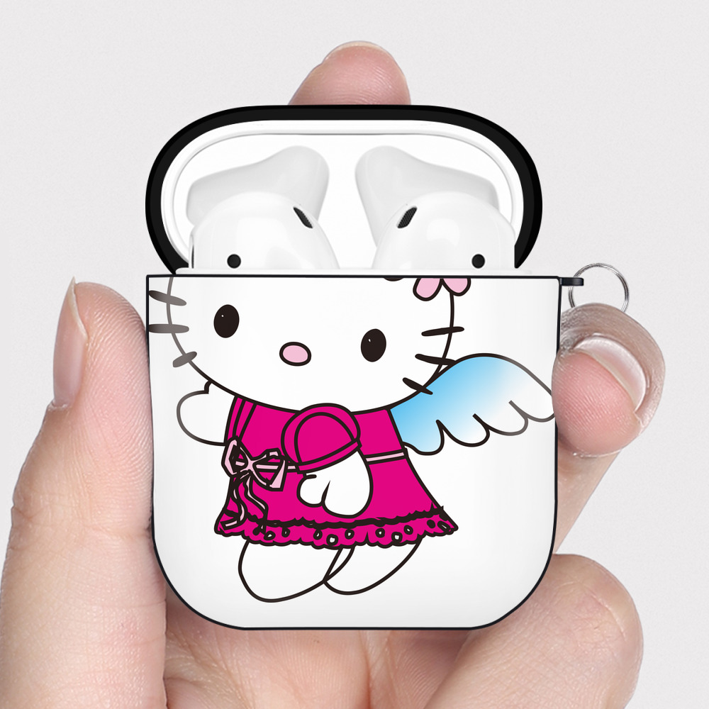 （画像用） Hello Kitty ハローキティ AirPods 第2世代保護ケース ハードシェル ブラック 耐衝撃・防指紋・カラビナ付き