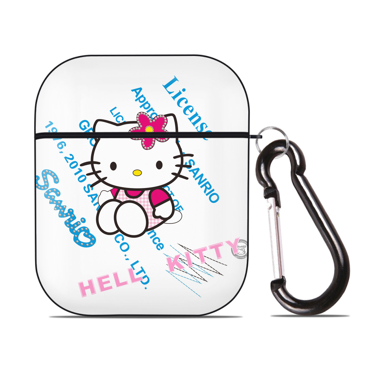 （画像用） Hello Kitty ハローキティ AirPods 第2世代保護ケース ハードシェル ブラック 耐衝撃・防指紋・カラビナ付き
