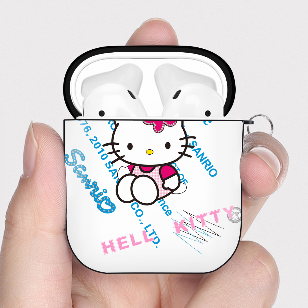 （画像用） Hello Kitty ハローキティ AirPods 第2世代保護ケース ハードシェル ブラック 耐衝撃・防指紋・カラビナ付き