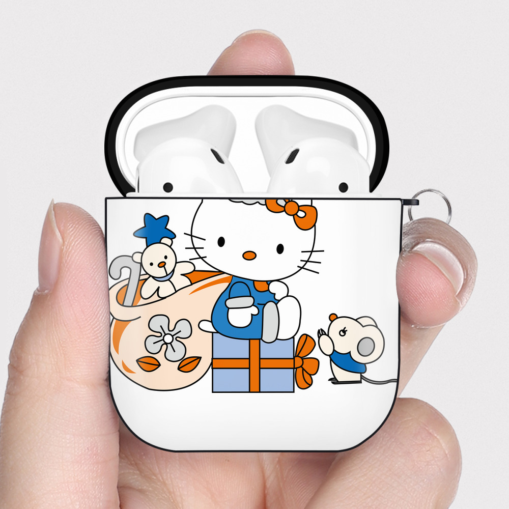 （画像用） Hello Kitty ハローキティ AirPods 第2世代保護ケース ハードシェル ブラック 耐衝撃・防指紋・カラビナ付き