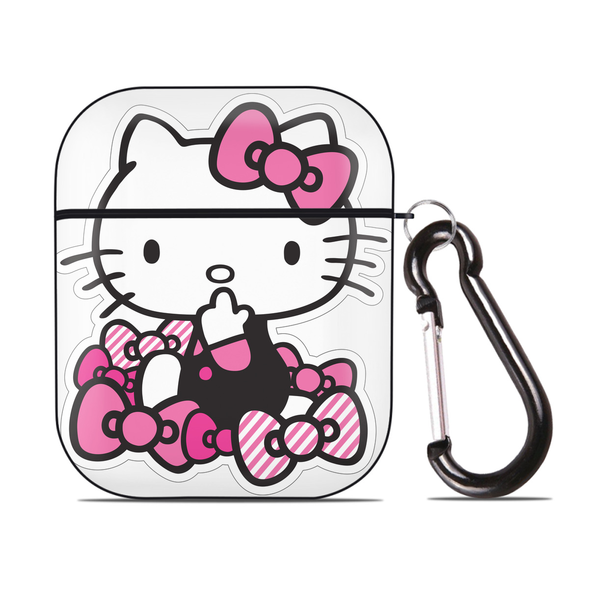 （画像用） Hello Kitty ハローキティ AirPods 第2世代保護ケース ハードシェル ブラック 耐衝撃・防指紋・カラビナ付き