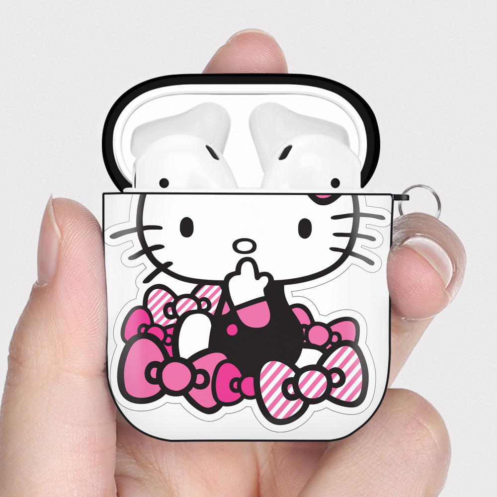 （画像用） Hello Kitty ハローキティ AirPods 第2世代保護ケース ハードシェル ブラック 耐衝撃・防指紋・カラビナ付き