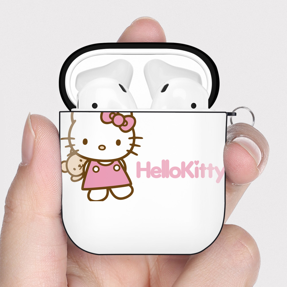 （画像用） Hello Kitty ハローキティ AirPods 第2世代保護ケース ハードシェル ブラック 耐衝撃・防指紋・カラビナ付き