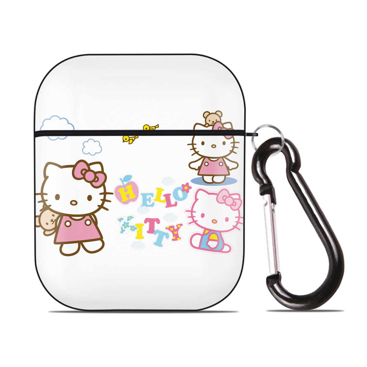 （画像用） Hello Kitty ハローキティ AirPods 第2世代保護ケース ハードシェル ブラック 耐衝撃・防指紋・カラビナ付き