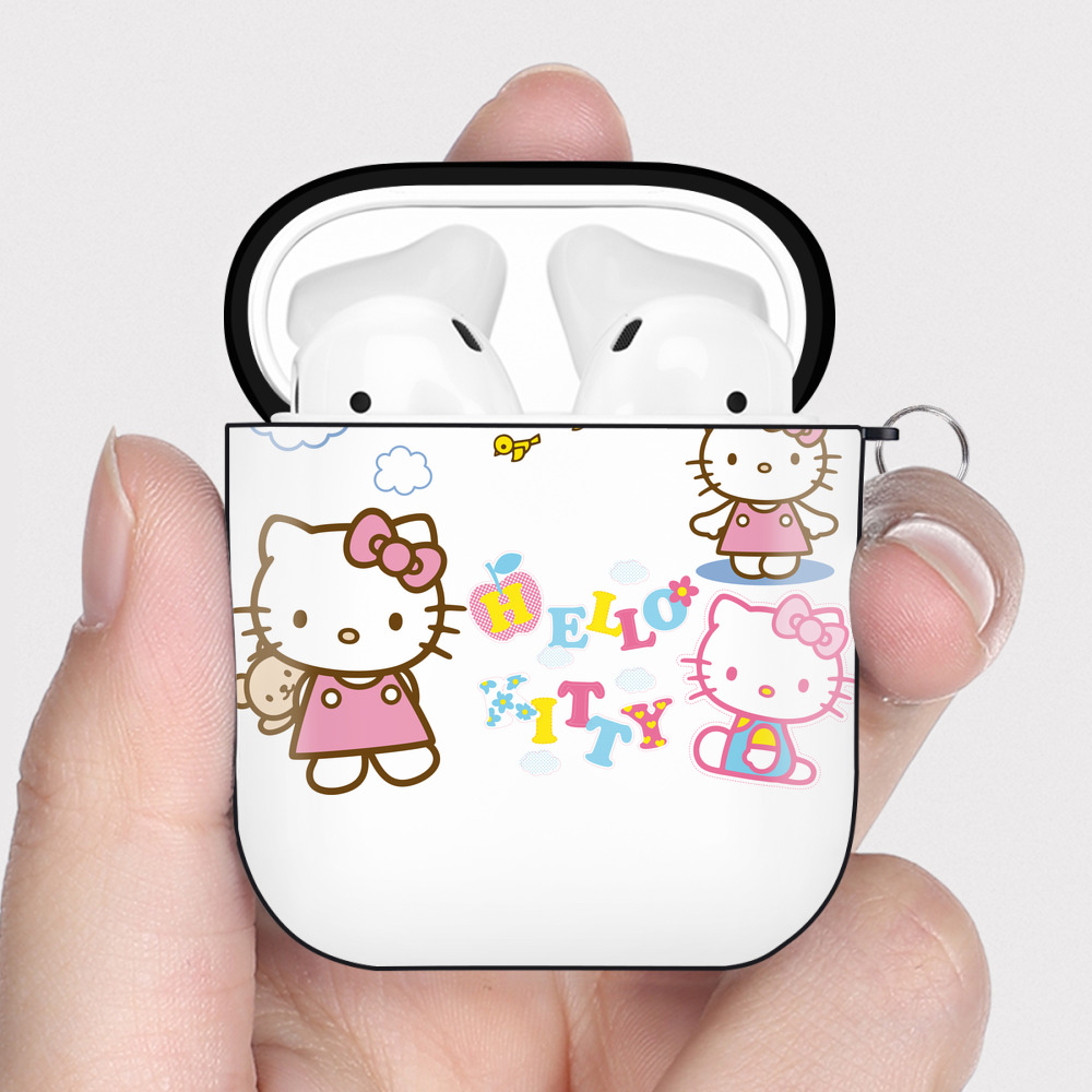 （画像用） Hello Kitty ハローキティ AirPods 第2世代保護ケース ハードシェル ブラック 耐衝撃・防指紋・カラビナ付き