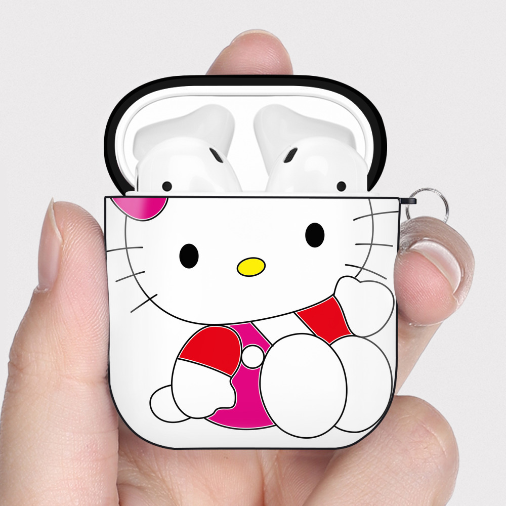 （画像用） Hello Kitty ハローキティ AirPods 第2世代保護ケース ハードシェル ブラック 耐衝撃・防指紋・カラビナ付き