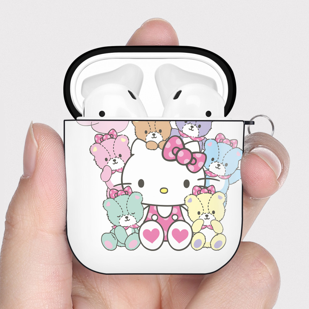 （画像用） Hello Kitty ハローキティ AirPods 第2世代保護ケース ハードシェル ブラック 耐衝撃・防指紋・カラビナ付き
