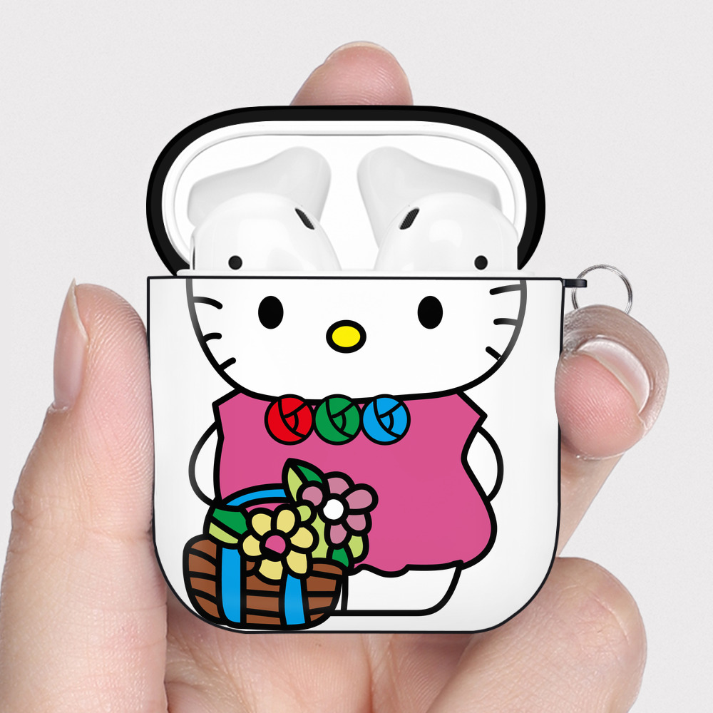 （画像用） Hello Kitty ハローキティ AirPods 第2世代保護ケース ハードシェル ブラック 耐衝撃・防指紋・カラビナ付き