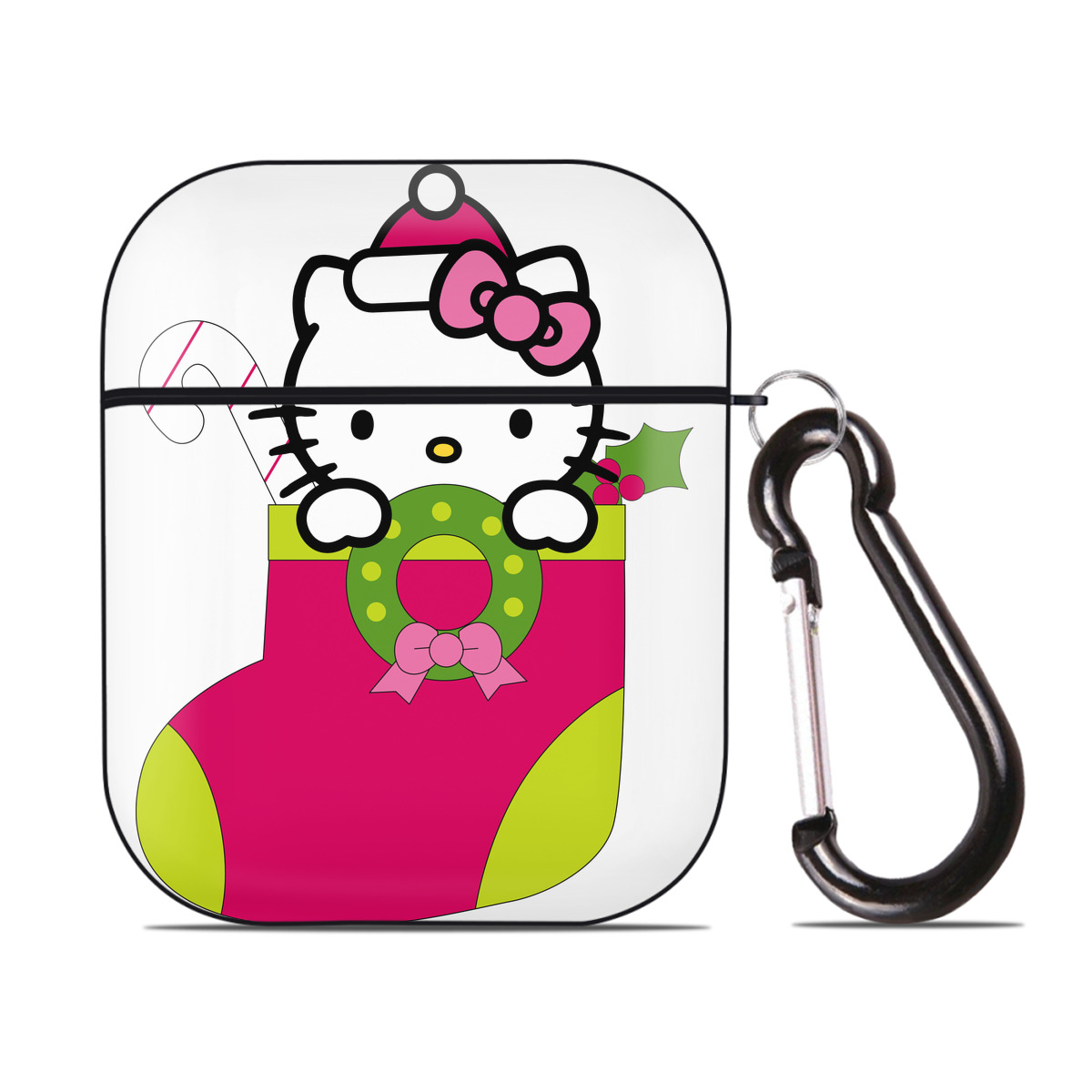 （画像用） Hello Kitty ハローキティ AirPods 第2世代保護ケース ハードシェル ブラック 耐衝撃・防指紋・カラビナ付き