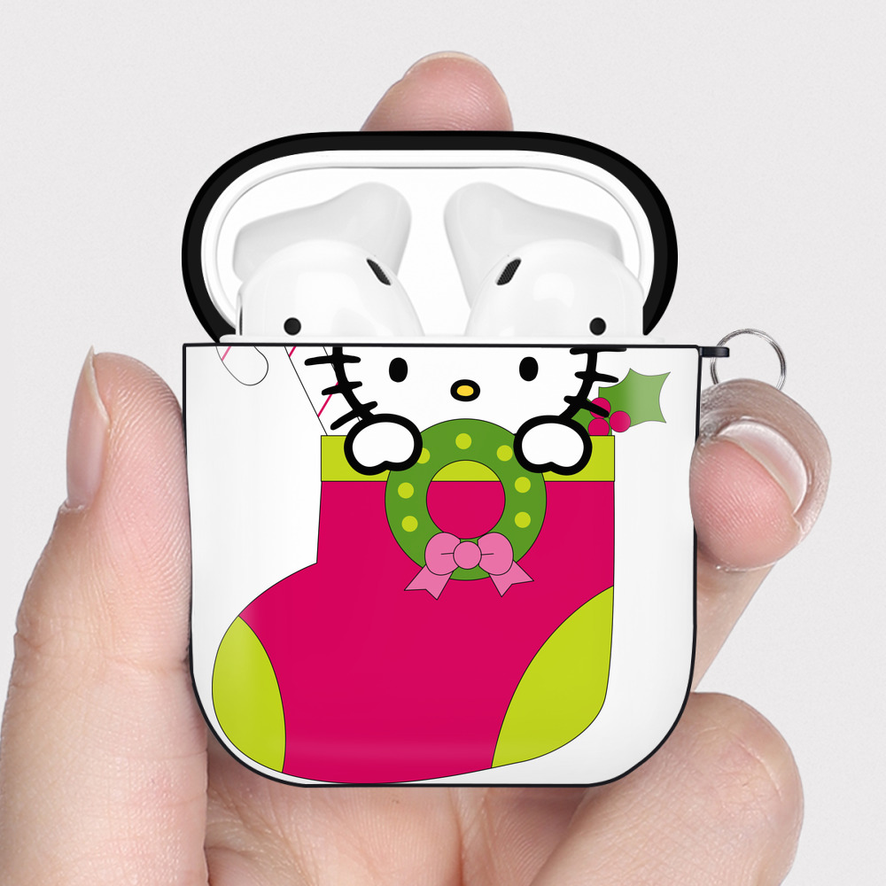 （画像用） Hello Kitty ハローキティ AirPods 第2世代保護ケース ハードシェル ブラック 耐衝撃・防指紋・カラビナ付き