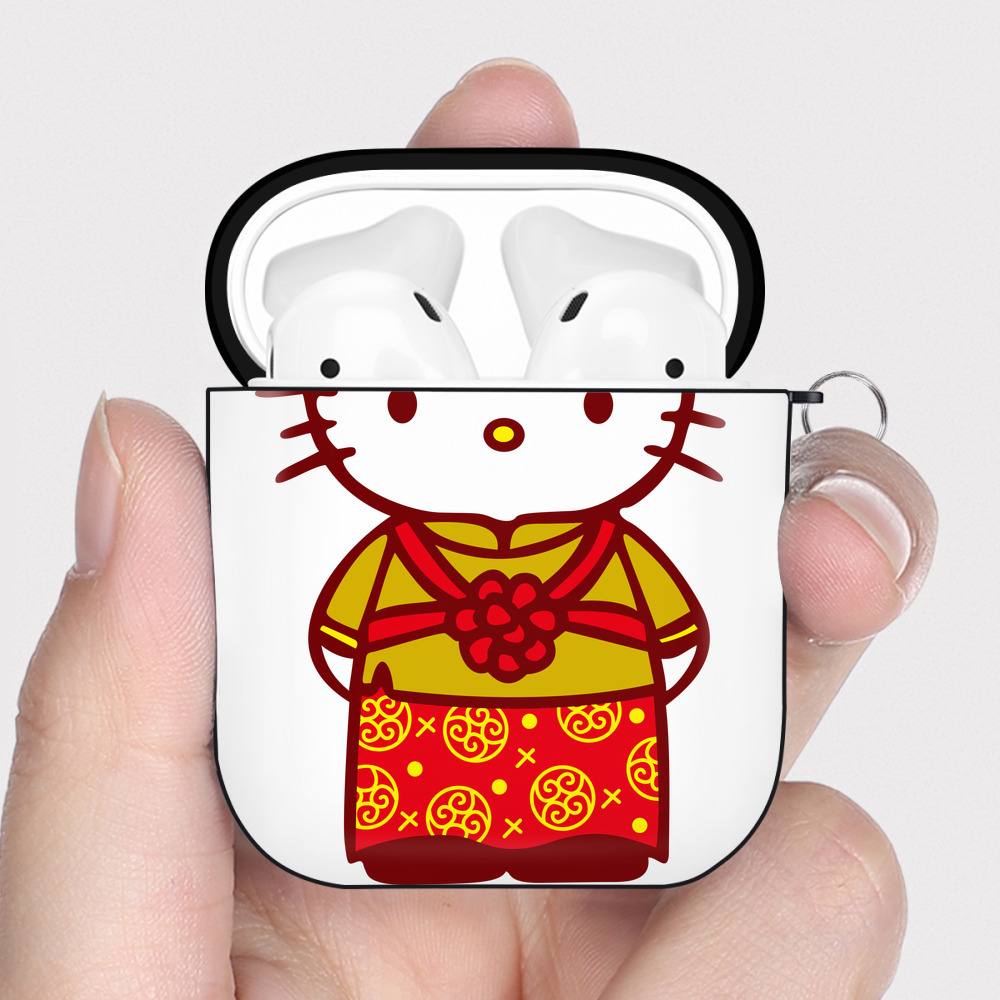 （画像用） Hello Kitty ハローキティ AirPods 第2世代保護ケース ハードシェル ブラック 耐衝撃・防指紋・カラビナ付き