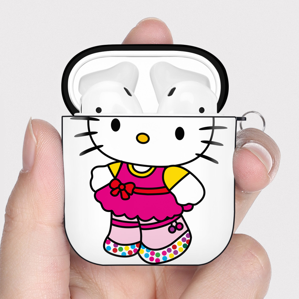 （画像用） Hello Kitty ハローキティ AirPods 第2世代保護ケース ハードシェル ブラック 耐衝撃・防指紋・カラビナ付き