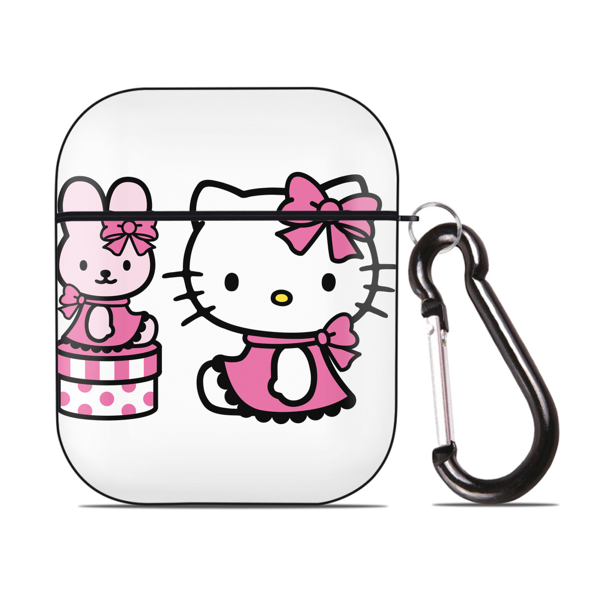 （画像用） Hello Kitty ハローキティ AirPods 第2世代保護ケース ハードシェル ブラック 耐衝撃・防指紋・カラビナ付き