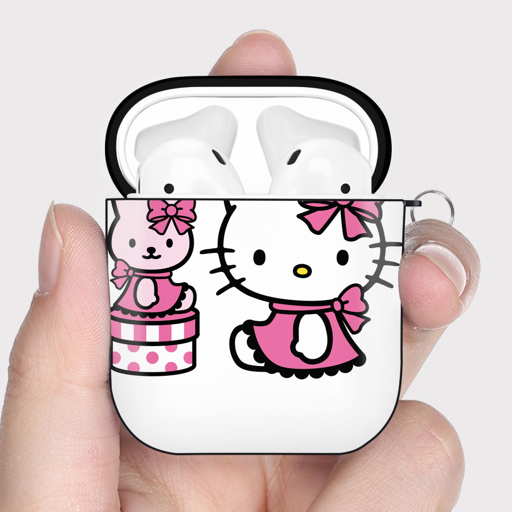 （画像用） Hello Kitty ハローキティ AirPods 第2世代保護ケース ハードシェル ブラック 耐衝撃・防指紋・カラビナ付き