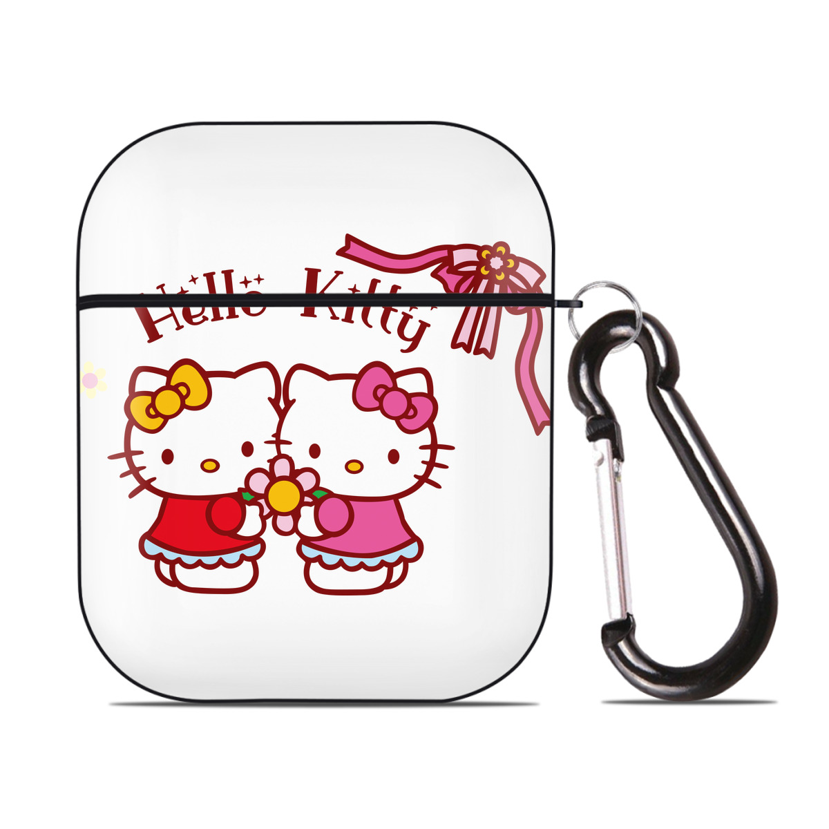（画像用） Hello Kitty ハローキティ AirPods 第2世代保護ケース ハードシェル ブラック 耐衝撃・防指紋・カラビナ付き