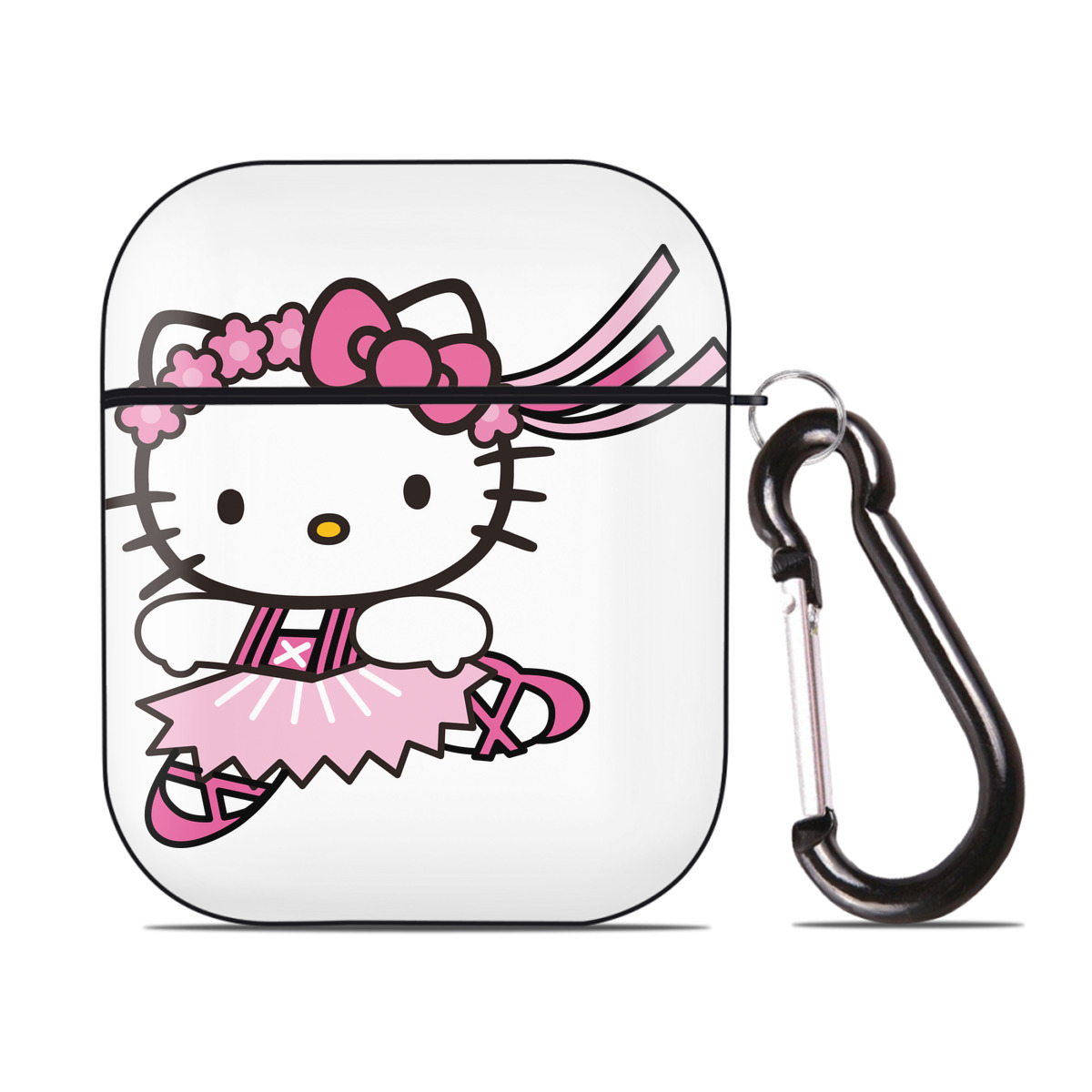 （画像用） Hello Kitty ハローキティ AirPods 第2世代保護ケース ハードシェル ブラック 耐衝撃・防指紋・カラビナ付き