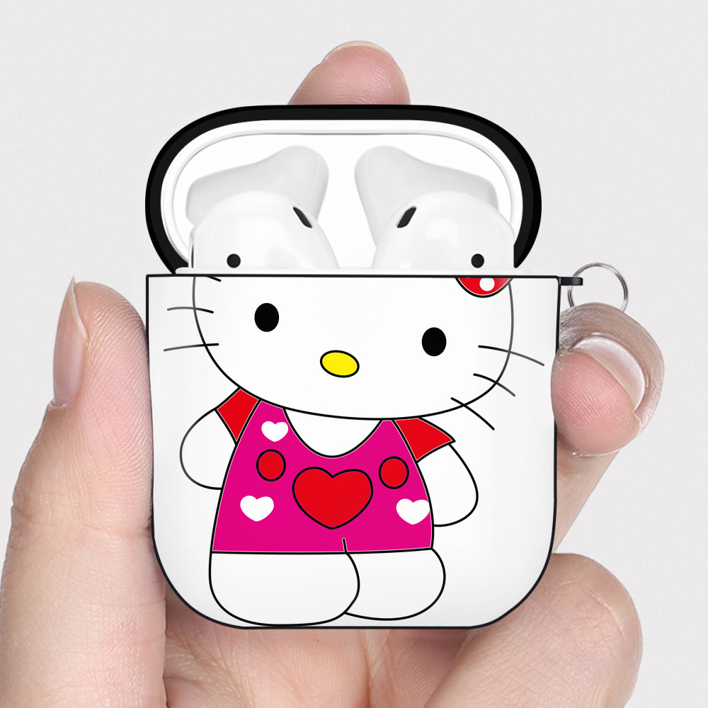 （画像用） Hello Kitty ハローキティ AirPods 第2世代保護ケース ハードシェル ブラック 耐衝撃・防指紋・カラビナ付き