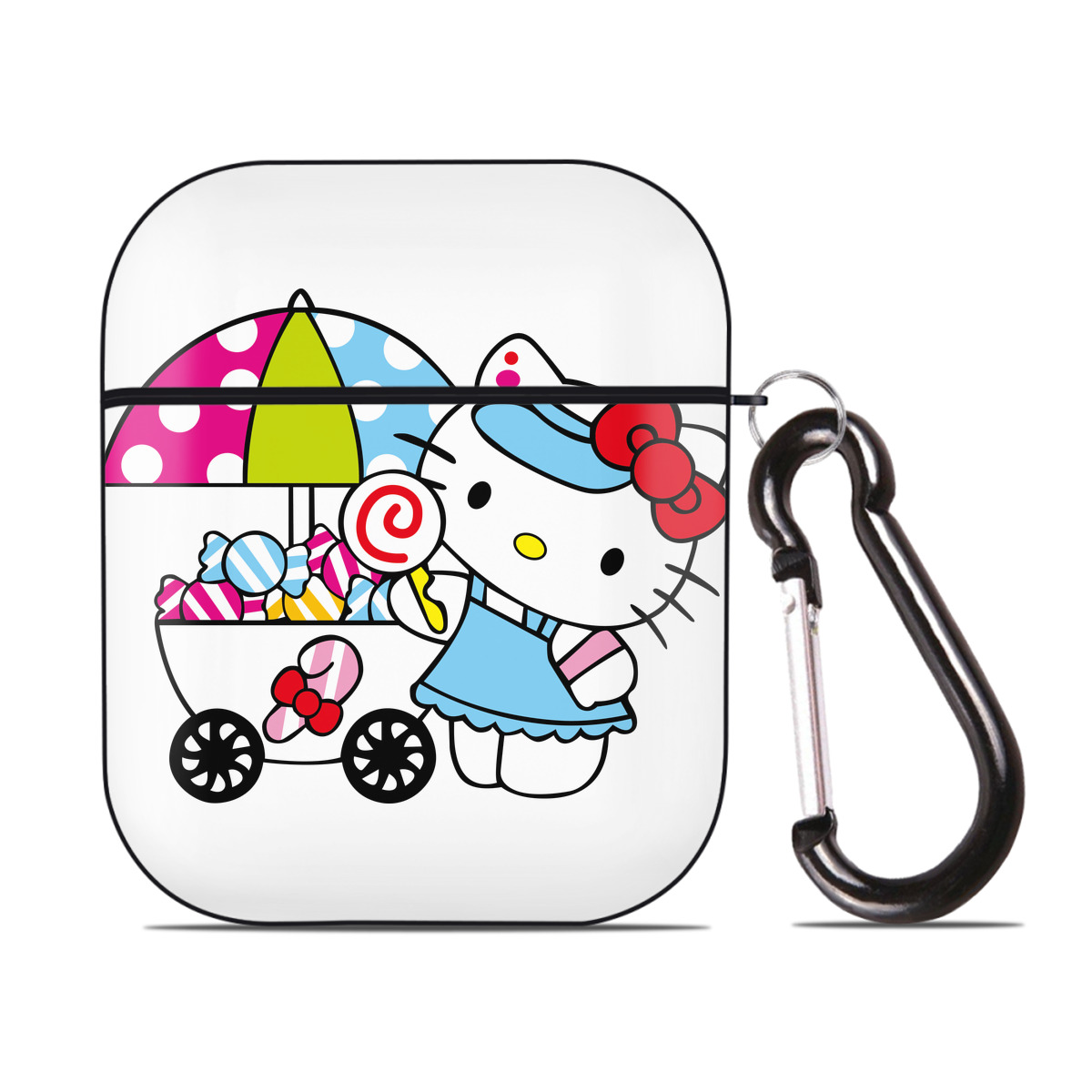 （画像用） Hello Kitty ハローキティ AirPods 第2世代保護ケース ハードシェル ブラック 耐衝撃・防指紋・カラビナ付き
