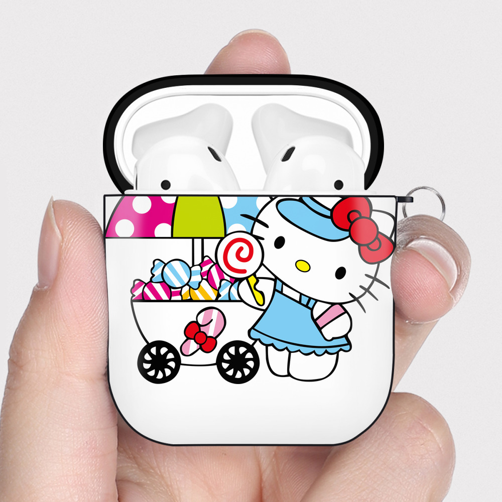 （画像用） Hello Kitty ハローキティ AirPods 第2世代保護ケース ハードシェル ブラック 耐衝撃・防指紋・カラビナ付き