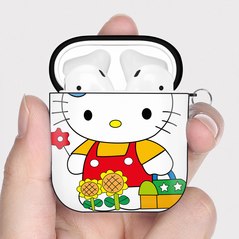 （画像用） Hello Kitty ハローキティ AirPods 第2世代保護ケース ハードシェル ブラック 耐衝撃・防指紋・カラビナ付き