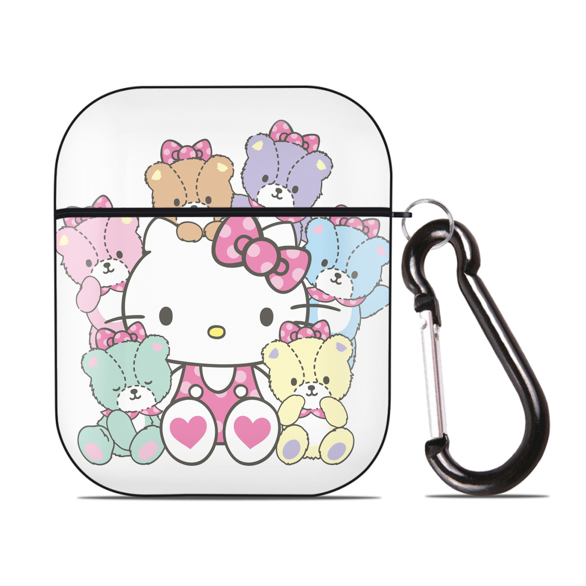 （画像用） Hello Kitty ハローキティ AirPods 第2世代保護ケース ハードシェル ブラック 耐衝撃・防指紋・カラビナ付き