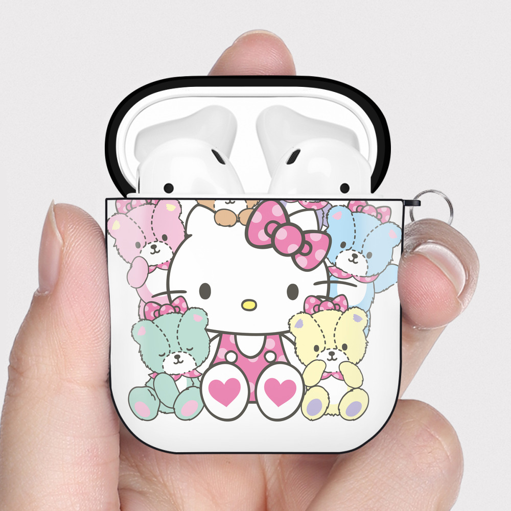 （画像用） Hello Kitty ハローキティ AirPods 第2世代保護ケース ハードシェル ブラック 耐衝撃・防指紋・カラビナ付き
