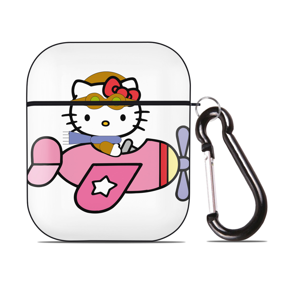 （画像用） Hello Kitty ハローキティ AirPods 第2世代保護ケース ハードシェル ブラック 耐衝撃・防指紋・カラビナ付き