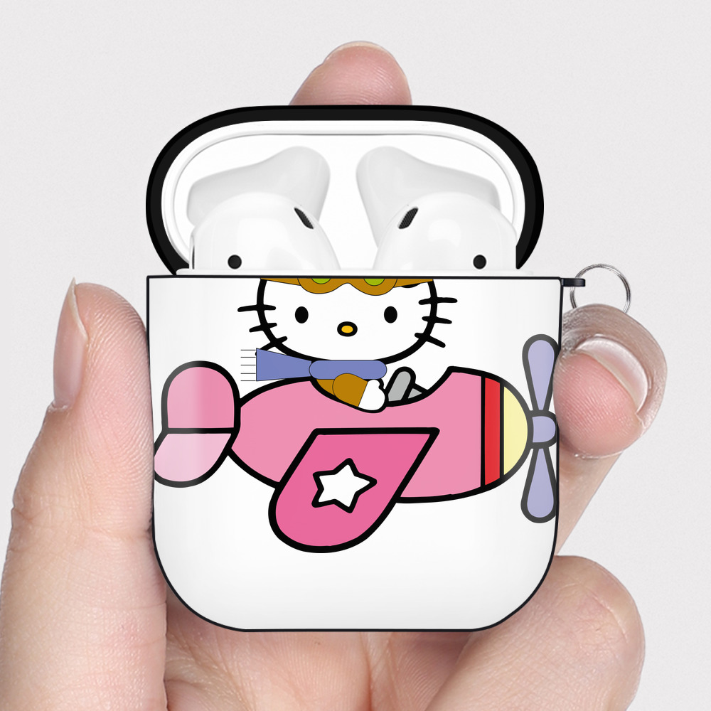 （画像用） Hello Kitty ハローキティ AirPods 第2世代保護ケース ハードシェル ブラック 耐衝撃・防指紋・カラビナ付き