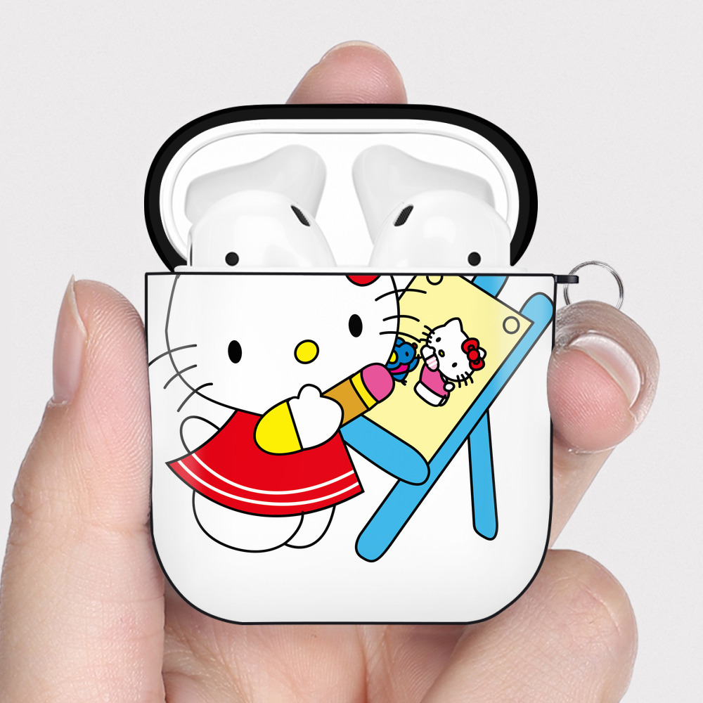（画像用） Hello Kitty ハローキティ AirPods 第2世代保護ケース ハードシェル ブラック 耐衝撃・防指紋・カラビナ付き