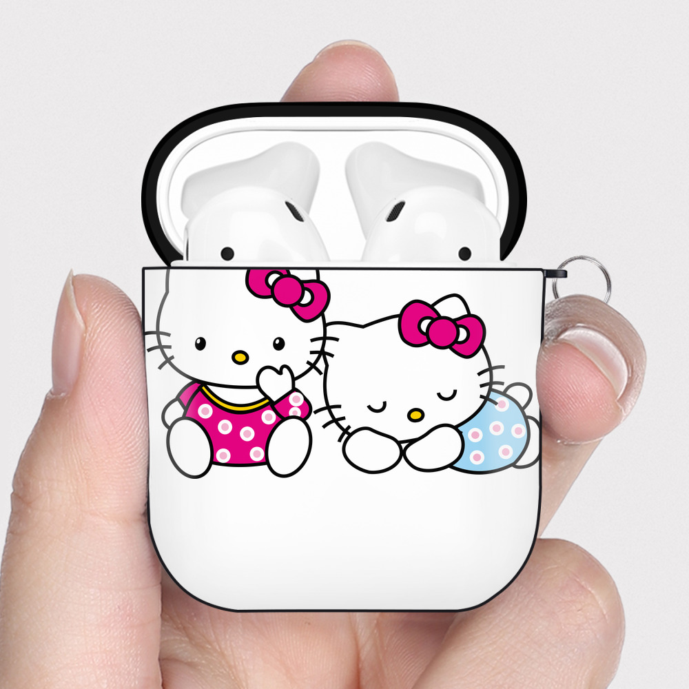 （画像用） Hello Kitty ハローキティ AirPods 第2世代保護ケース ハードシェル ブラック 耐衝撃・防指紋・カラビナ付き