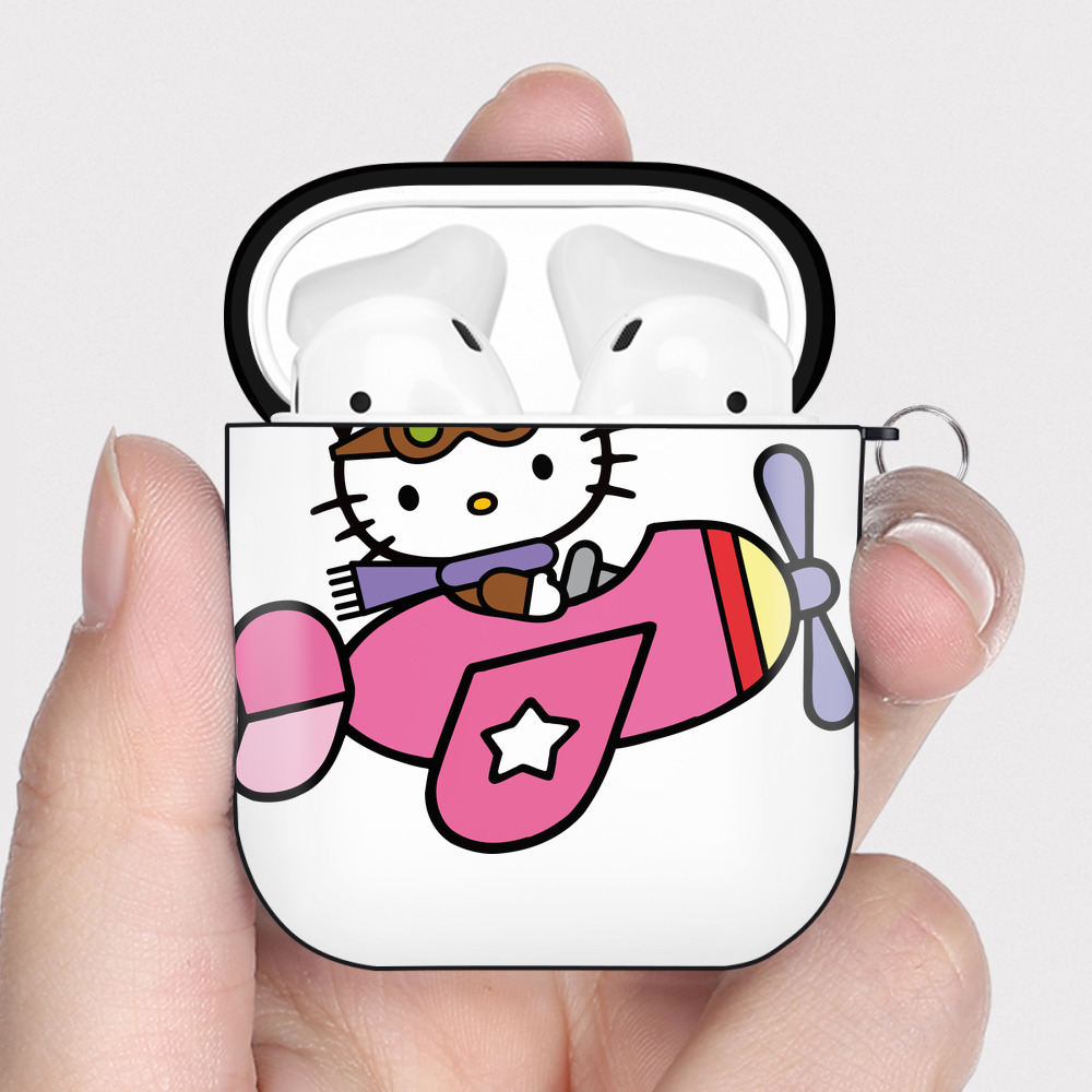 （画像用） Hello Kitty ハローキティ AirPods 第2世代保護ケース ハードシェル ブラック 耐衝撃・防指紋・カラビナ付き