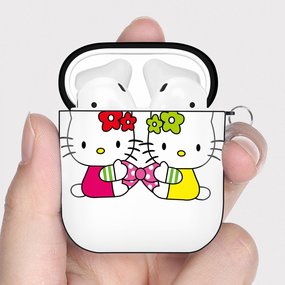 （画像用） Hello Kitty ハローキティ AirPods 第2世代保護ケース ハードシェル ブラック 耐衝撃・防指紋・カラビナ付き