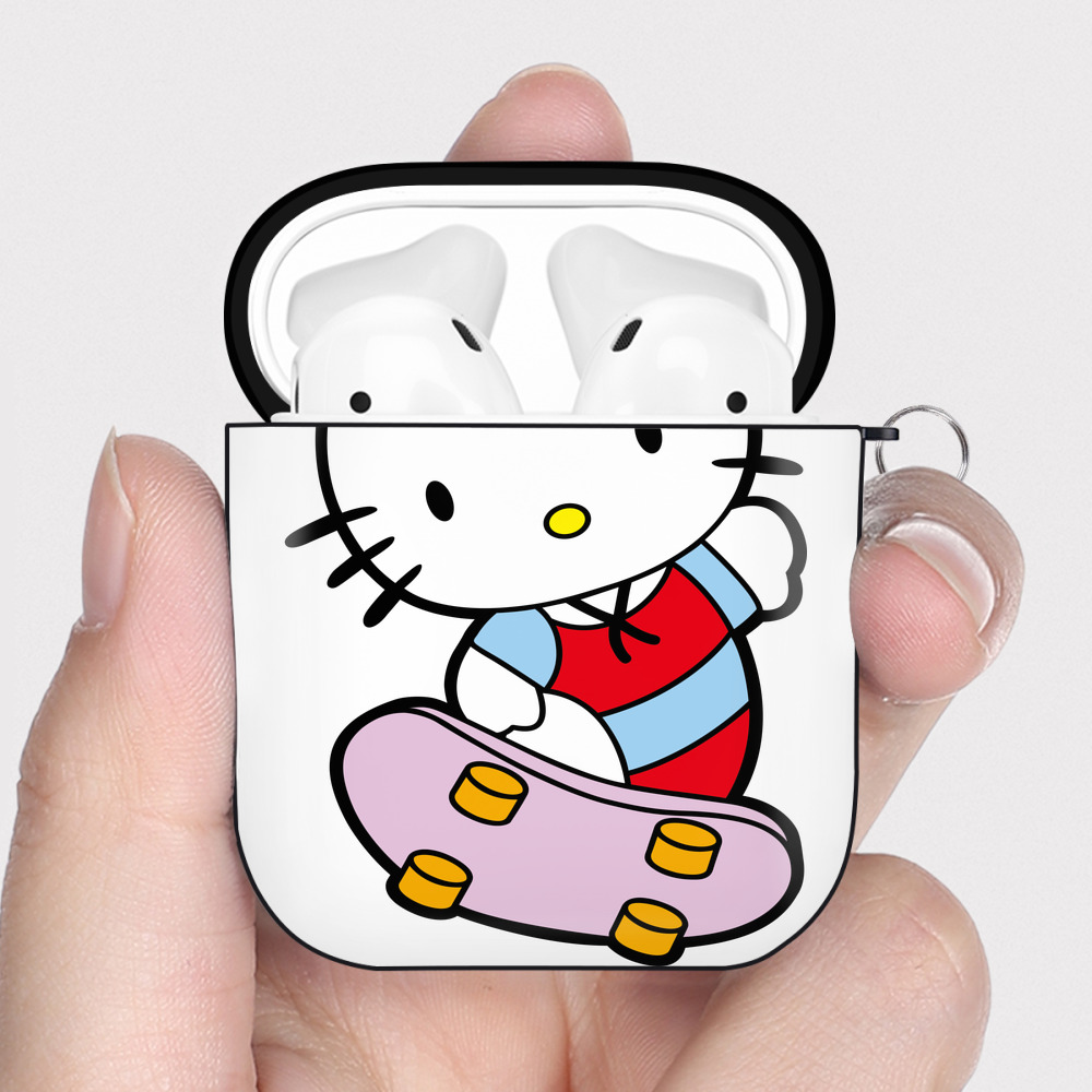 （画像用） Hello Kitty ハローキティ AirPods 第2世代保護ケース ハードシェル ブラック 耐衝撃・防指紋・カラビナ付き