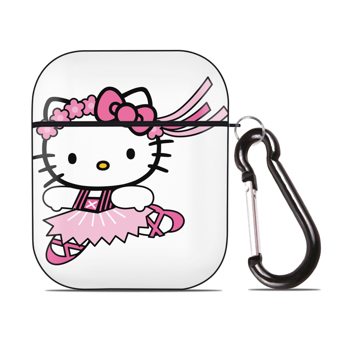 （画像用） Hello Kitty ハローキティ AirPods 第2世代保護ケース ハードシェル ブラック 耐衝撃・防指紋・カラビナ付き