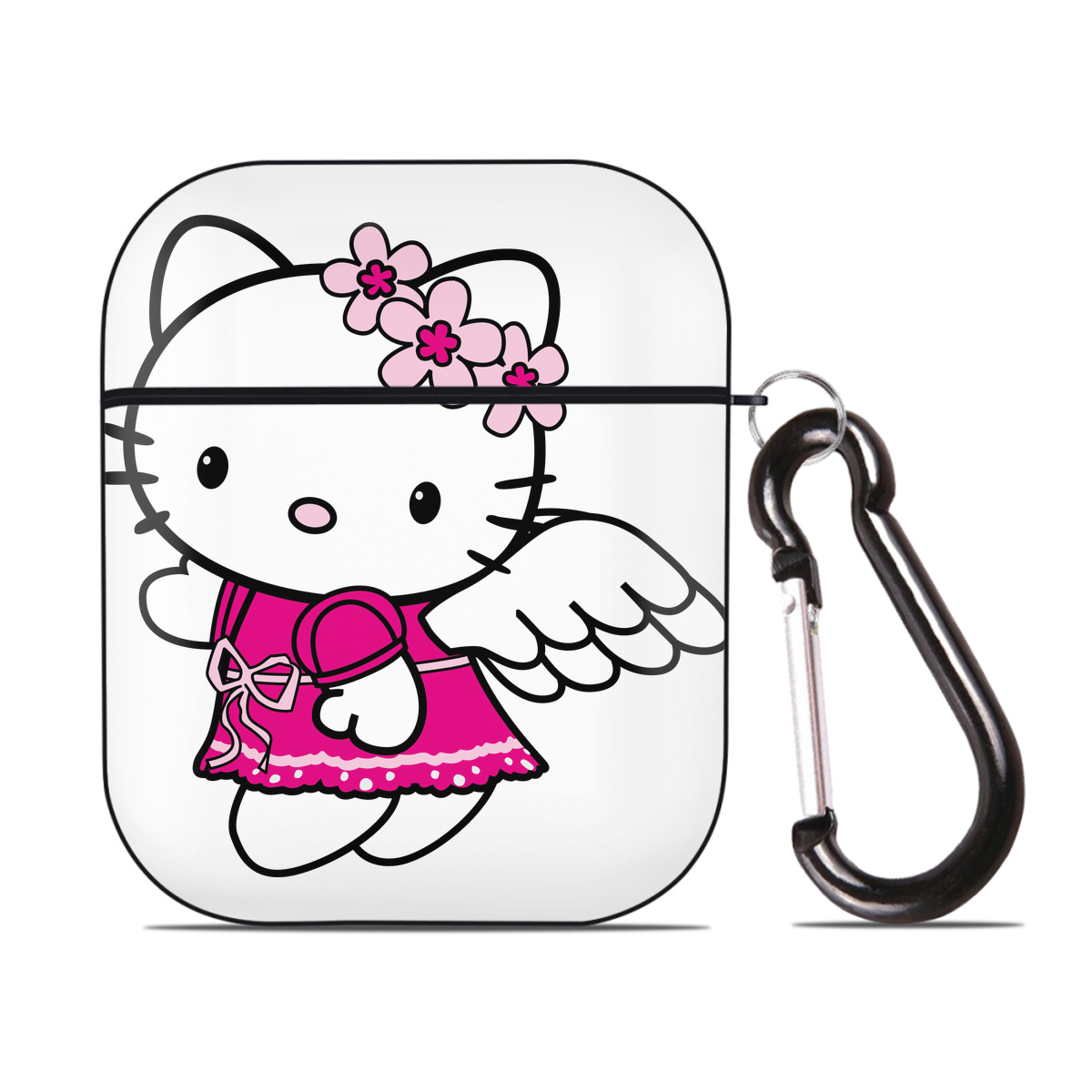 （画像用） Hello Kitty ハローキティ AirPods 第2世代保護ケース ハードシェル ブラック 耐衝撃・防指紋・カラビナ付き