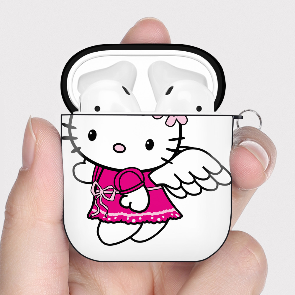 （画像用） Hello Kitty ハローキティ AirPods 第2世代保護ケース ハードシェル ブラック 耐衝撃・防指紋・カラビナ付き
