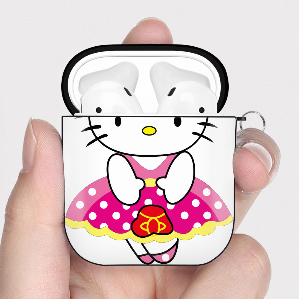 （画像用） Hello Kitty ハローキティ AirPods 第2世代保護ケース ハードシェル ブラック 耐衝撃・防指紋・カラビナ付き