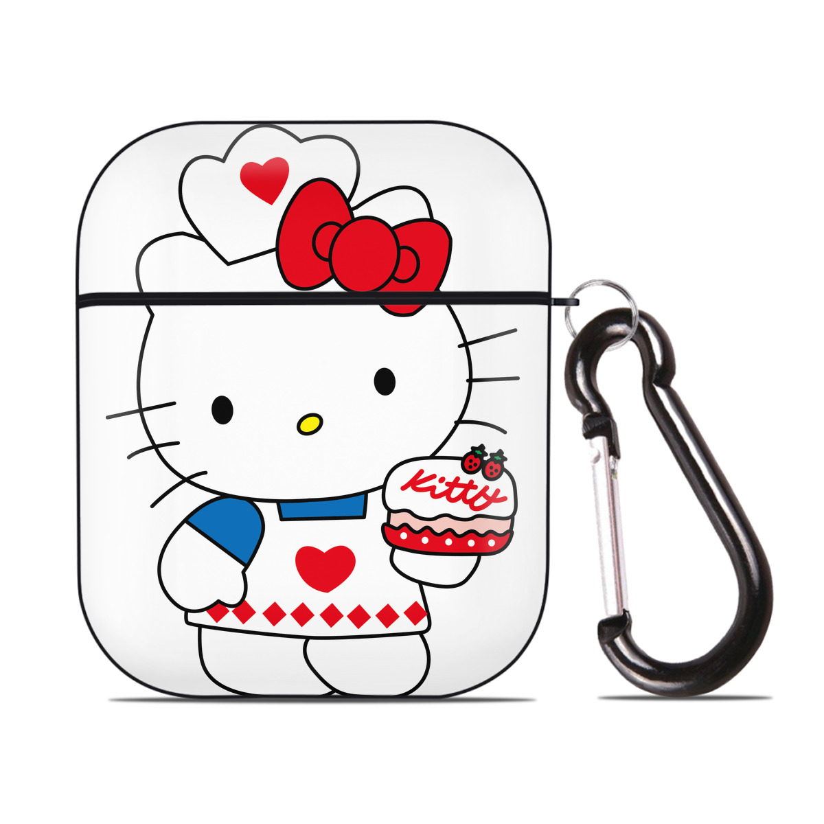 （画像用） Hello Kitty ハローキティ AirPods 第2世代保護ケース ハードシェル ブラック 耐衝撃・防指紋・カラビナ付き