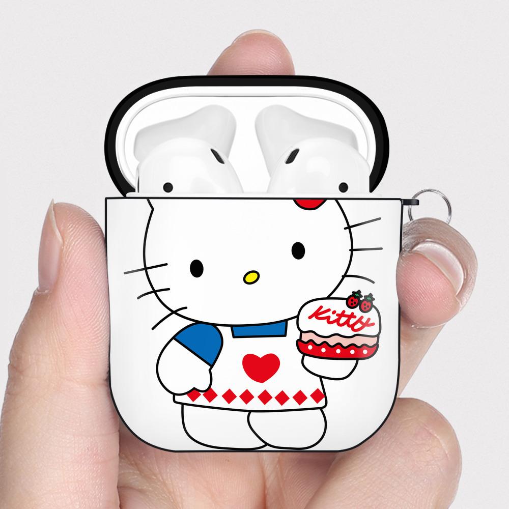 （画像用） Hello Kitty ハローキティ AirPods 第2世代保護ケース ハードシェル ブラック 耐衝撃・防指紋・カラビナ付き