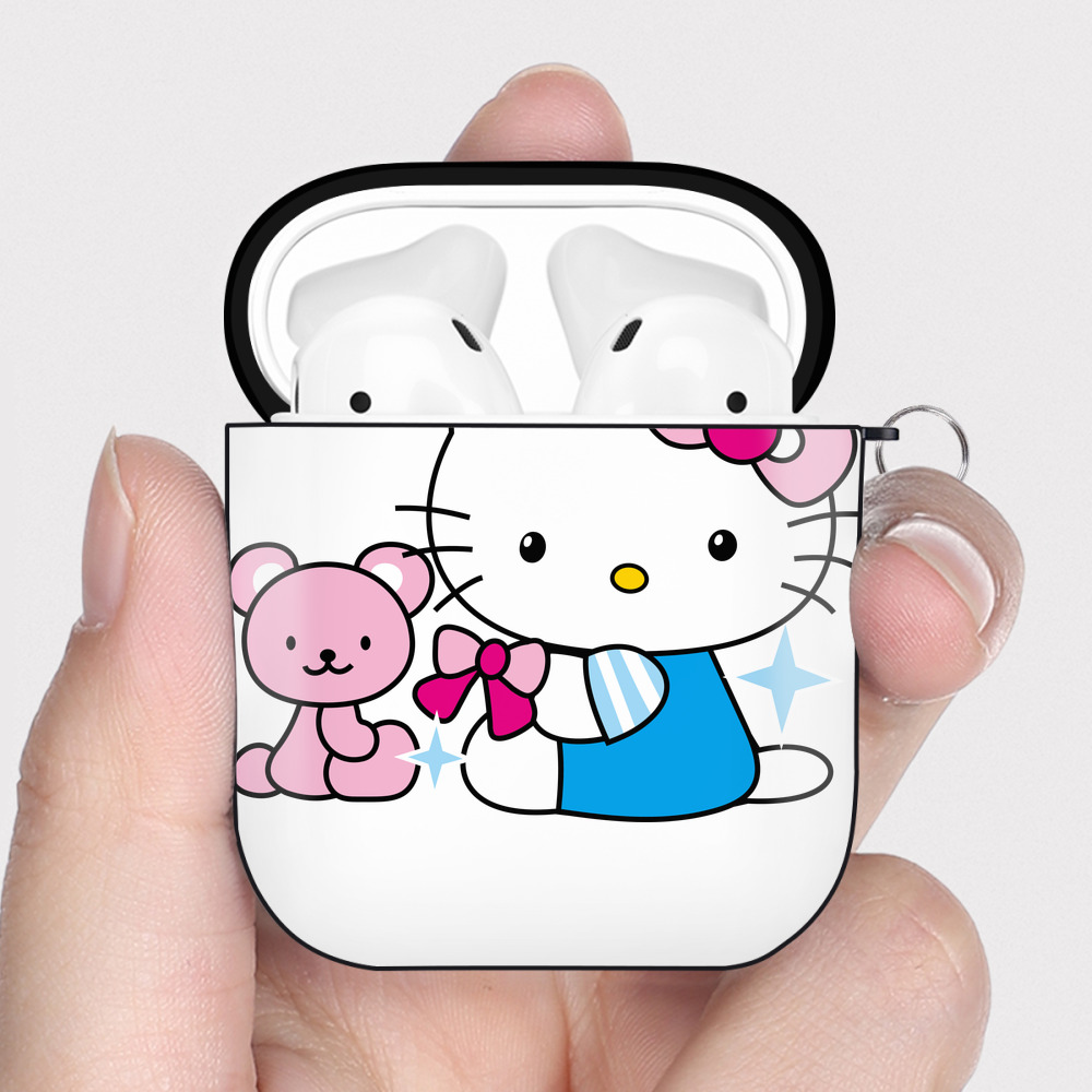 （画像用） Hello Kitty ハローキティ AirPods 第2世代保護ケース ハードシェル ブラック 耐衝撃・防指紋・カラビナ付き