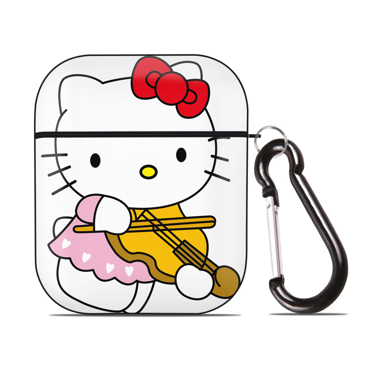 （画像用） Hello Kitty ハローキティ AirPods 第2世代保護ケース ハードシェル ブラック 耐衝撃・防指紋・カラビナ付き