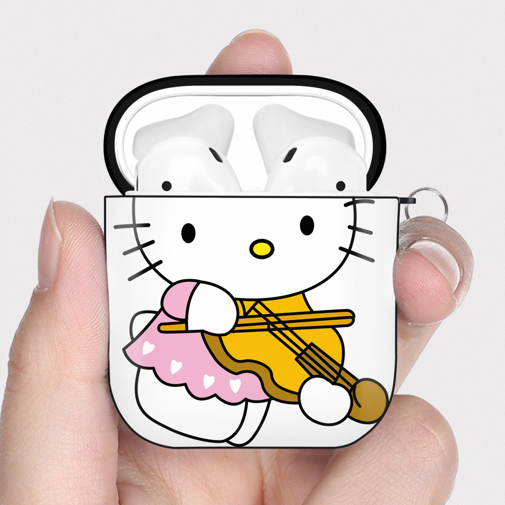 （画像用） Hello Kitty ハローキティ AirPods 第2世代保護ケース ハードシェル ブラック 耐衝撃・防指紋・カラビナ付き