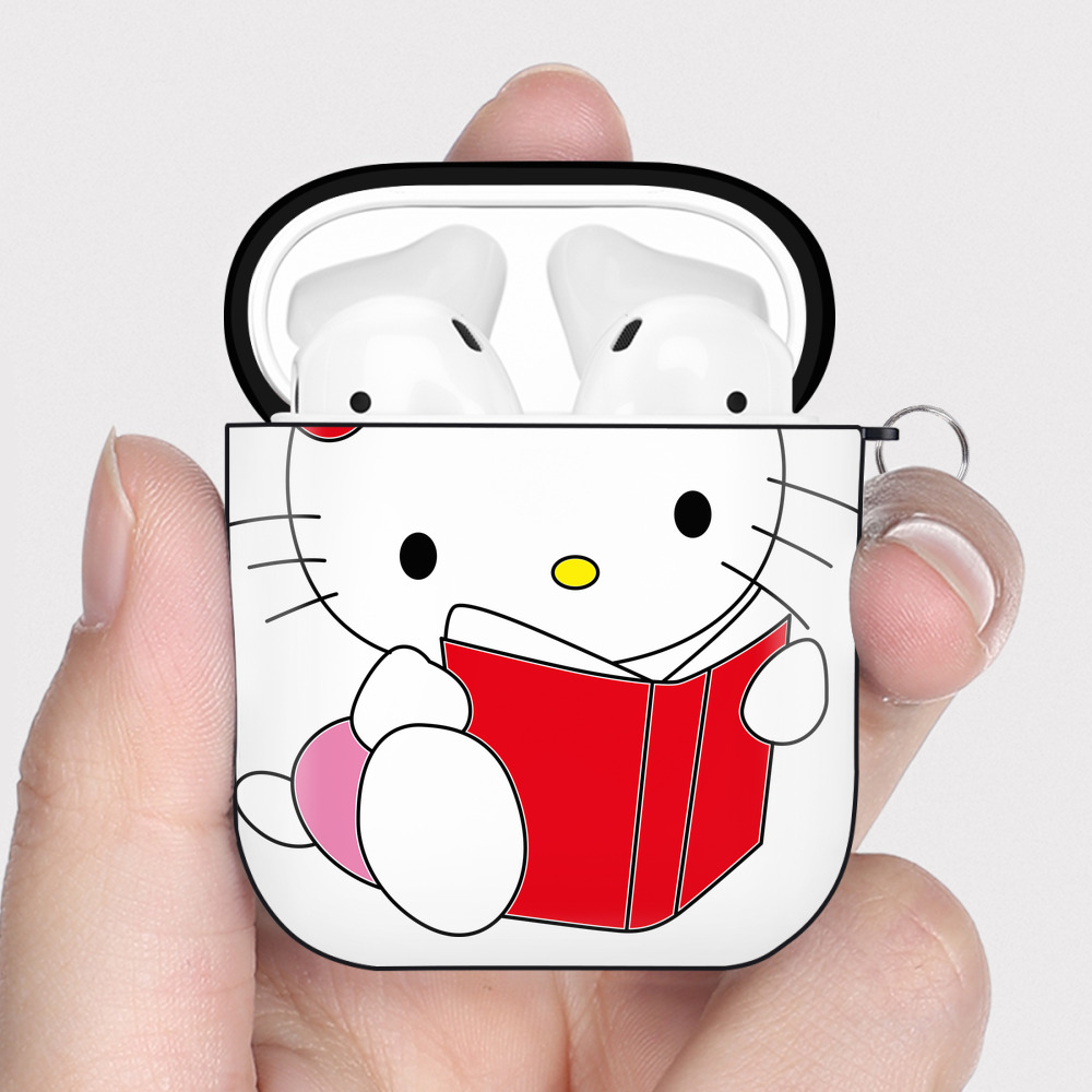 （画像用） Hello Kitty ハローキティ AirPods 第2世代保護ケース ハードシェル ブラック 耐衝撃・防指紋・カラビナ付き