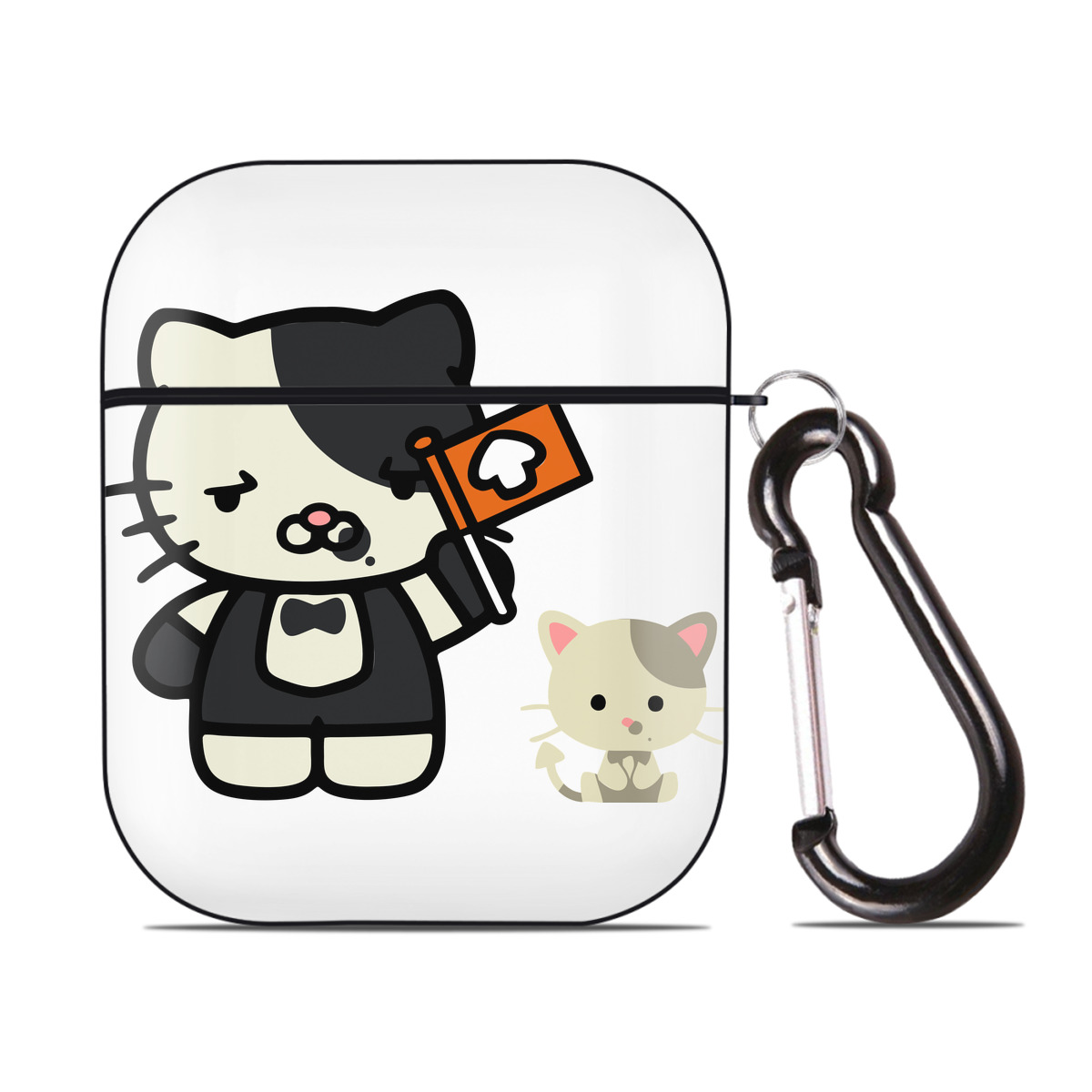 （画像用） Hello Kitty ハローキティ AirPods 第2世代保護ケース ハードシェル ブラック 耐衝撃・防指紋・カラビナ付き