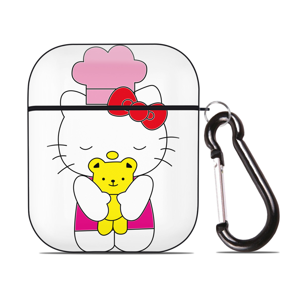 （画像用） Hello Kitty ハローキティ AirPods 第2世代保護ケース ハードシェル ブラック 耐衝撃・防指紋・カラビナ付き