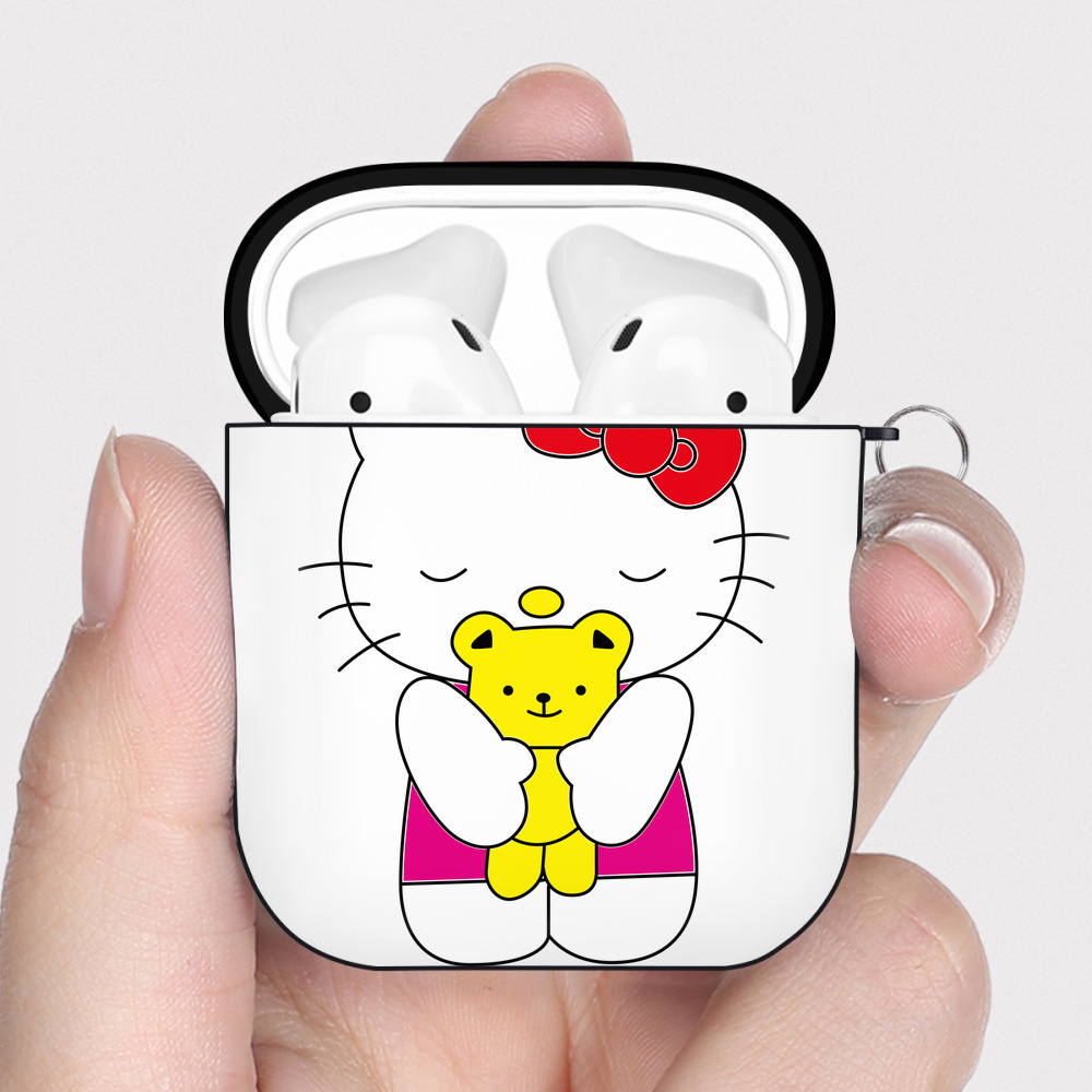 （画像用） Hello Kitty ハローキティ AirPods 第2世代保護ケース ハードシェル ブラック 耐衝撃・防指紋・カラビナ付き