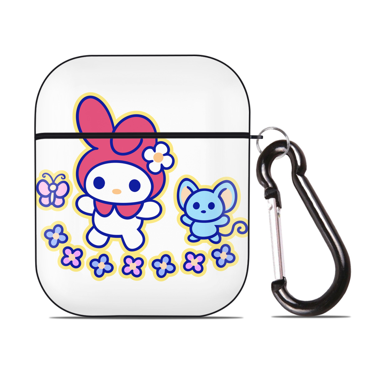 （画像用） Hello Kitty ハローキティ AirPods 第2世代保護ケース ハードシェル ブラック 耐衝撃・防指紋・カラビナ付き