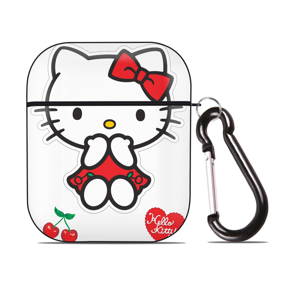 （画像用） Hello Kitty ハローキティ AirPods 第2世代保護ケース ハードシェル ブラック 耐衝撃・防指紋・カラビナ付き